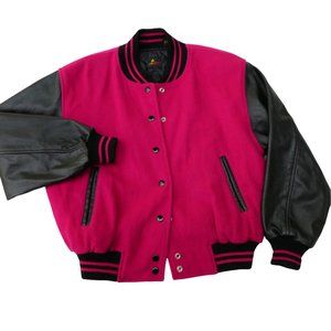 LeaTHeR Vintage Dark Pink WooL Black Letterman Varsity Bomber Jacket LizSport M